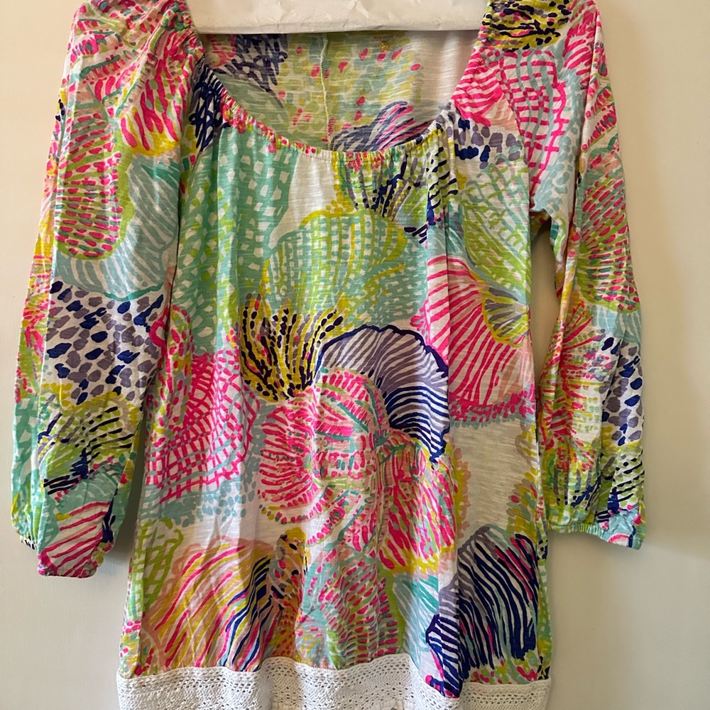 Lilly Pulitzer Pink and Green 3/4 Sleeve Relaxed Blouse